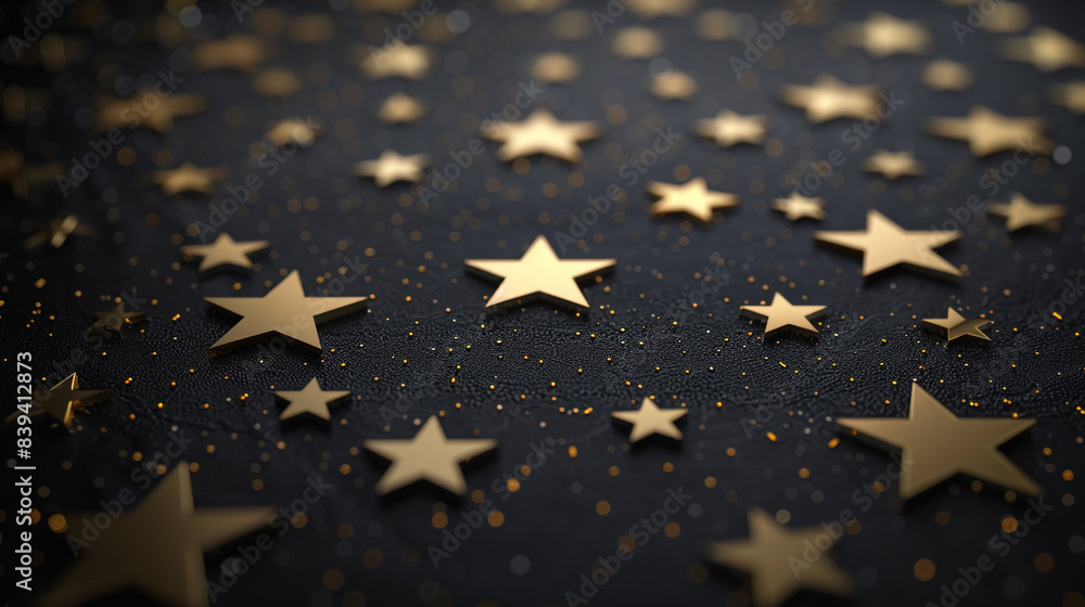 Poster a close up of a star field with gold stars. the stars are arranged in a pattern and appear to be shi