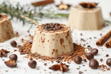 Caramel panna cotta topped with fresh berries and mint leaves, presented on a white plate, creating a rich and indulgent dessert perfect for gourmet cuisine