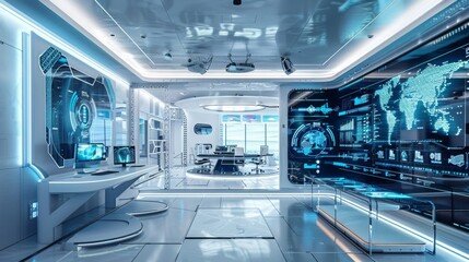Obraz premium An image featuring futuristic workspaces, showcasing innovative and ergonomic design in a setting of a high-tech office, emphasizing productivity and technology. 