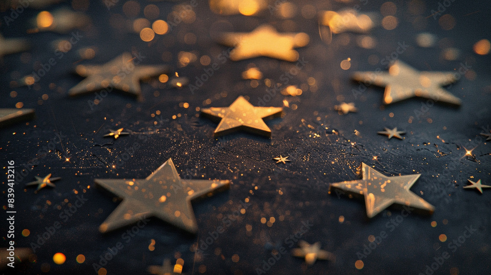 Poster a close up of a star field with gold stars. the stars are arranged in a pattern and appear to be shi