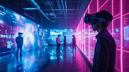An image featuring virtual reality technology, showcasing immersive and futuristic design in a setting of a VR lab, emphasizing innovation and experience. 