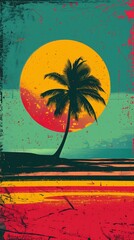 closeup palm tree beach sunset background pulp poster serene post nuclear reggae bright lithograph streaming chill summer