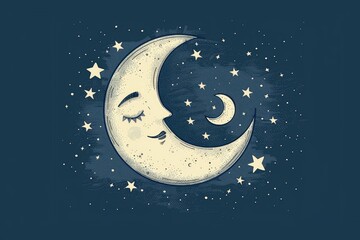 Naklejka premium Minimalist, cute moons with sleepy faces and stars around them, on a dark blue background