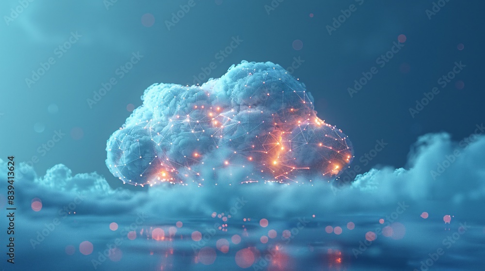 Poster a digital representation of a cloud with glowing lights, symbolizing cloud computing, data storage, 