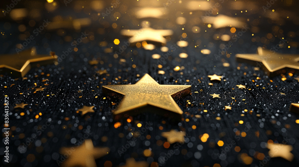 Poster a close up of a star field with gold stars. the stars are arranged in a pattern and appear to be shi