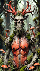 Watercolor illustration wendigo monster in the forest