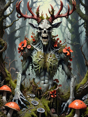 Obraz premium Watercolor illustration wendigo monster in the forest