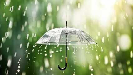 An umbrella with a red handle standing vertically against a background of falling rain. The focus is on the raindrops splashing and sliding off the umbrella,