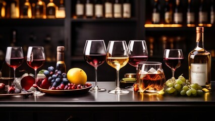 various alcoholic drinks and fruit on the bar. Several glasses, some containing red wine, others containing whiskey. A bottle of wine can be seen in the background. theme with emphasis on wine tasting