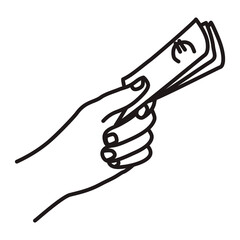 Doodle hand holding euro bills icon or logo, hand drawn with thin black line. Png clipart isolated on transparent background