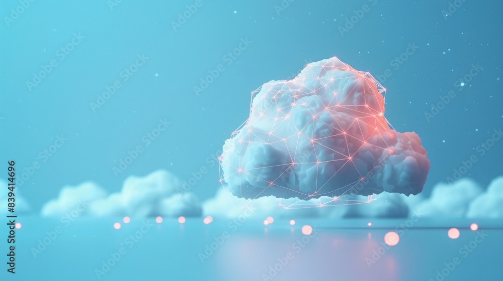 Poster a surreal, fluffy cloud illuminated with colorful light floats in a dreamy, ethereal sky, creating a