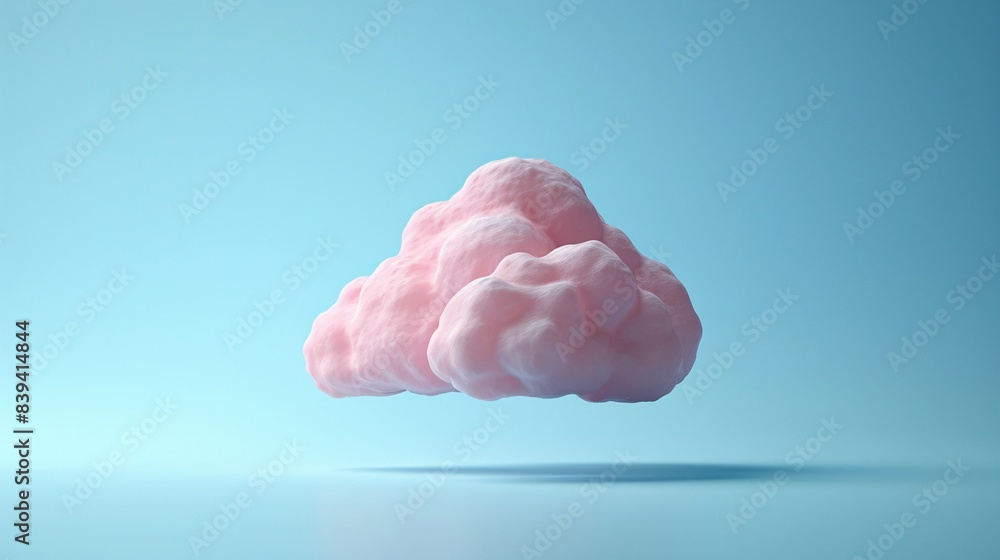 Poster a surreal image of a pink fluffy cloud floating against a soft blue background, creating a whimsical