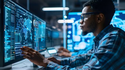 a visualization of engineers studying and evaluating schematic diagrams to identify potential issues, optimize performance, and troubleshoot problems in electronic systems or circuits