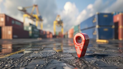 red location pin icon on background of cargo containers, container ship and shipping dock in the blue sky.