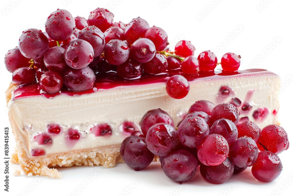 Poster cheesecake with a graham cracker crust topped with fresh red currants, creating a rich and indulgent