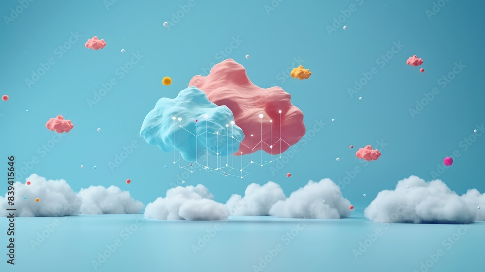 Poster abstract 3d rendering of colorful clouds and geometric shapes in a blue sky, representing technology