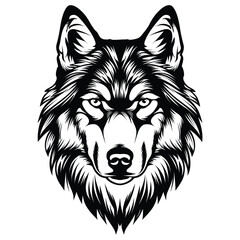 black and white angry wolf head mascot facing forward on a white background.