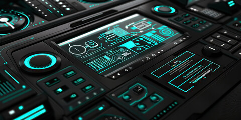 Obraz premium The Emerald City of AI: A sleek black desktop, adorned with modern gadgets and a holographic display. (Turquoise) 