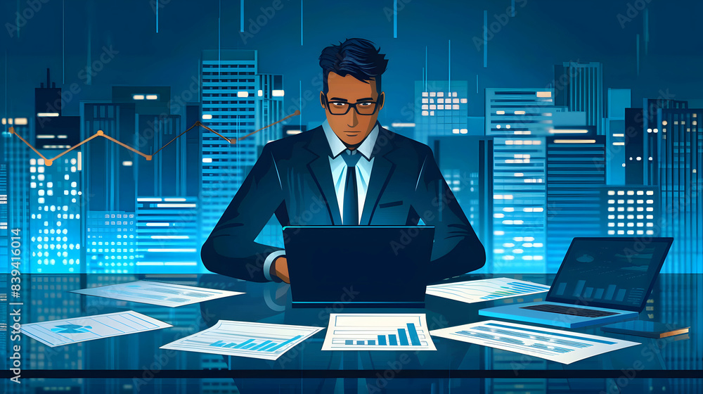 Aufkleber 2d vector of business consultant analyzing financial data on laptop for detailed analysis and expert