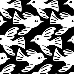 Vector seamless black and white pattern with birds in woodcut style