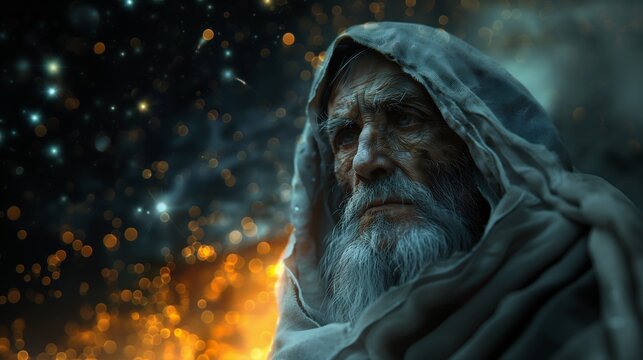 man white beard hooded jacket entertainment closeup celestial cosmos lights spiritual scene city cleric gehenna flares