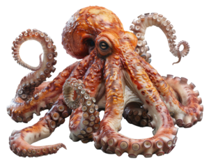 A close-up of an octopus with its tentacles curled around itself. The octopus is brown and white in color.