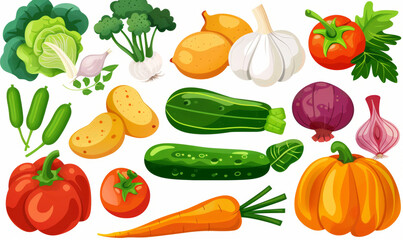 A set of simple, colorful icons isolated on a white background depicting: Tomatoes, Cucumbers, Potatoes, Cauliflower, Carrots, Lettuce, Peppers,