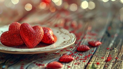 Rustic wooden table adorned with a romantic Valentines Day setting. Concept Valentines Day, Romantic Decor, Rustic Table Setting, Wooden Table, Love Theme