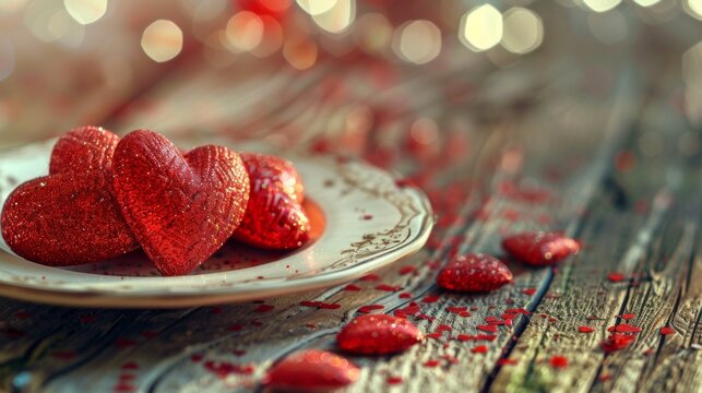 Rustic wooden table adorned with a romantic Valentines Day setting. Concept Valentines Day, Romantic Decor, Rustic Table Setting, Wooden Table, Love Theme