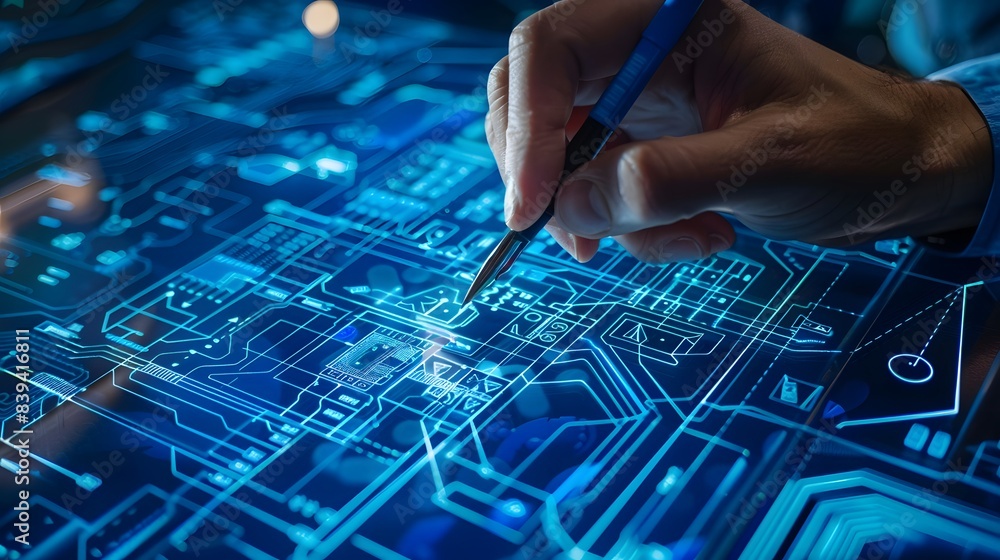 Poster an image of engineers using specialized software tools for schematic capture, digitally designing an