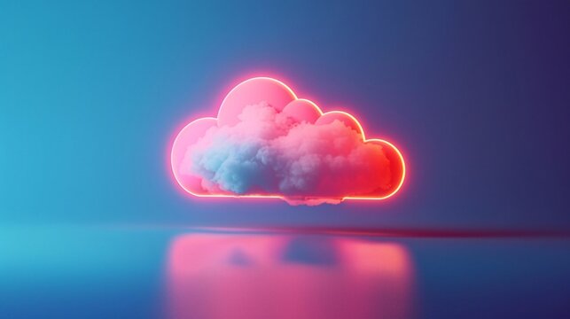 Bright neon cloud floating on reflective surface with blue and pink gradient background, modern art and futuristic technology concept. 3D Illustration.