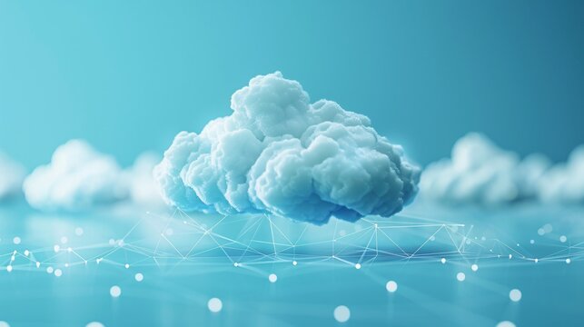 Cloud computing concept with a fluffy cloud and digital connections, symbolizing online data storage and technology in a blue background. 3D Illustration.