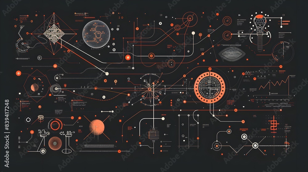 Poster a complex system represented in a schematic diagram, showcasing the relationships between components
