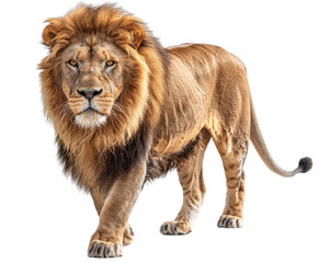 A majestic lion with a thick mane stands confidently against a White background. The lion's eyes are intense, and its expression is powerful.