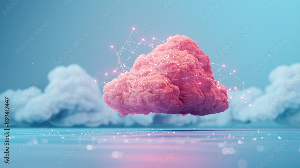 Poster conceptual image of a pink cloud with digital connections, symbolizing cloud computing and futuristi