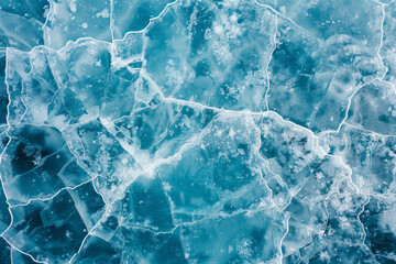 Fototapeta premium Aerial view of a frozen lake, capturing the intricate cracks and patterns formed in the ice. Emphasize the clean, sharp lines and the subtle variations in the ice texture. 