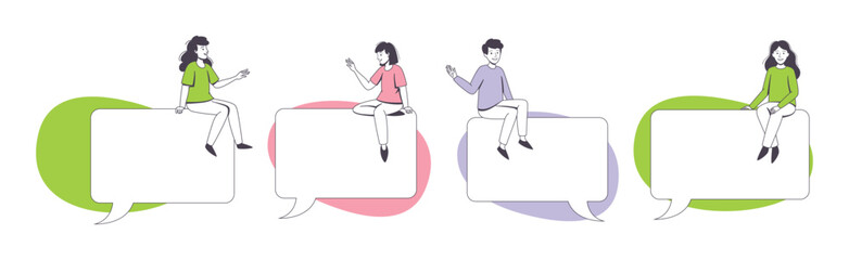 Communication Speech Bubble with People Character Sitting on It Vector Set