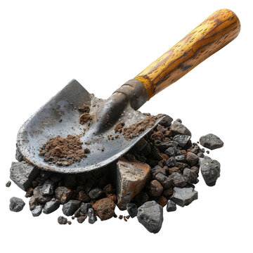 A weathered shovel with a wooden handle rests on a pile of dirt and gravel. isolated on a white background.