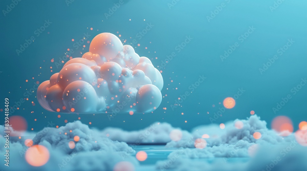 Poster dreamy cloudscape with a floating cloud and sparkling lights over a tranquil, ethereal background. p