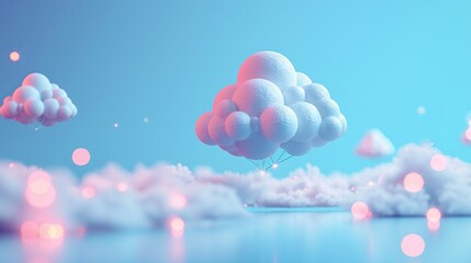 Fototapeta premium Dreamy, surreal scene with fluffy clouds and soft pastel lights in a blue sky, evoking a sense of calm, imagination, and fantasy. 3D Illustration.