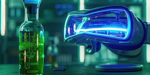 The Biocyber Butterfly: A vial of glowing green liquid and a pair of virtual reality goggles