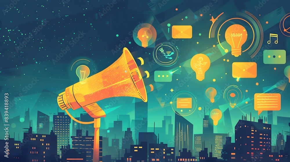 Poster megaphone projecting holographic light bulb with floating content icons over cityscape backdrop for 