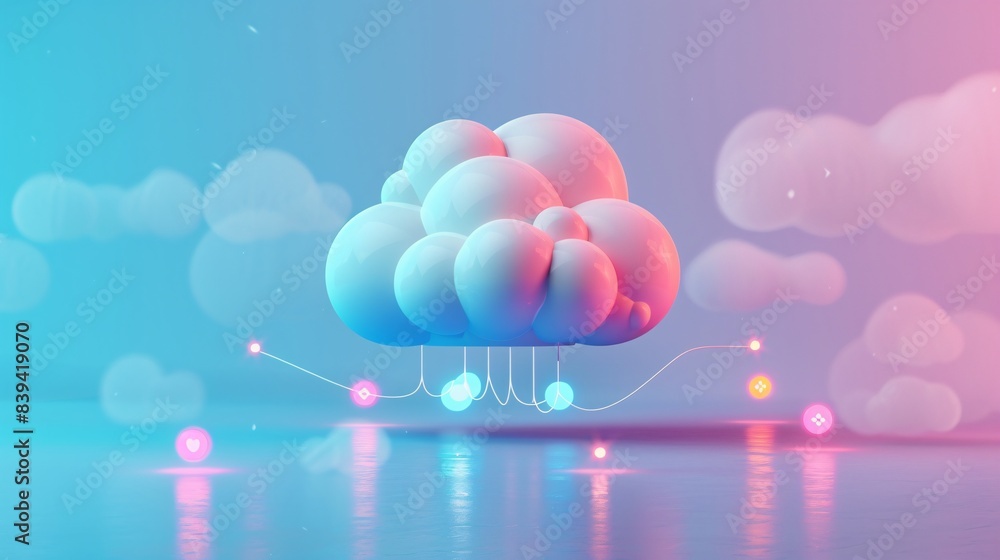 Poster futuristic cloud computing concept with glowing nodes and a pastel gradient background, symbolizing 
