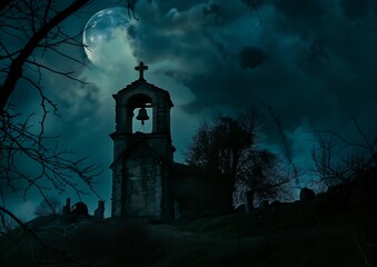 nighttime scene church bell tower full moon demonic horror themed background centered wearing accessories misty atmosphere attribution inhabited levels bells princess
