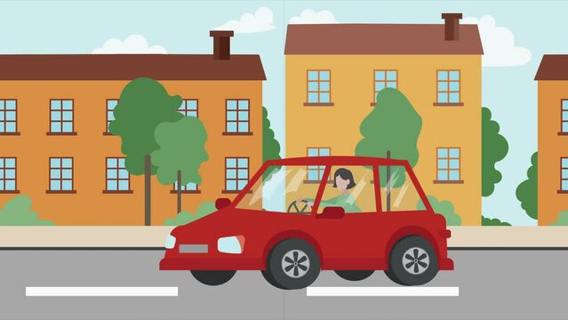 Woman rides a car on the street and houses at the background. Looped 2d flat design cartoon car driving animation. 4k
