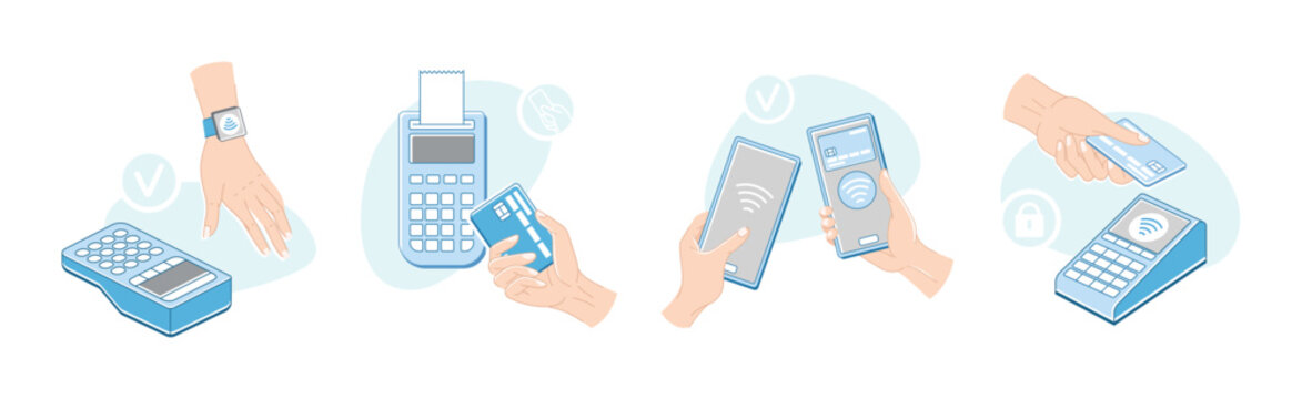 Contactless Payment with Hand Paying with Smartphone, Plastic Card and Wrist Watch Vector Set