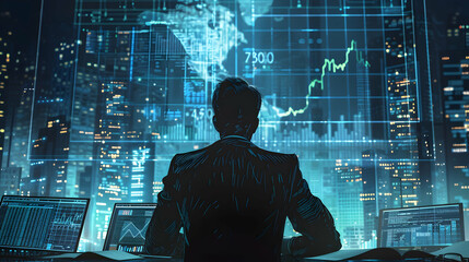 2D Minimalist Vector: Investment Banker Analyzing Mergers and Acquisitions with Financial Charts and Documents for Strategic Decisions   Vector Illustration in Photo Stock Concept
