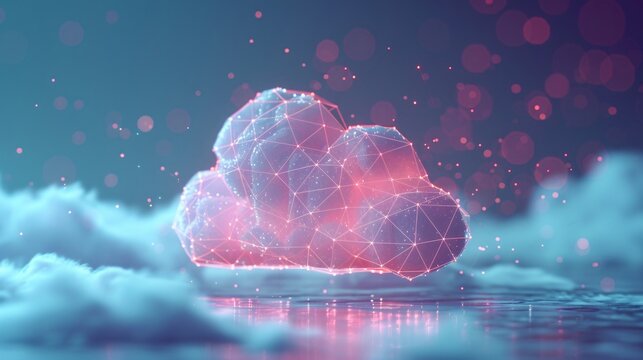 Futuristic digital cloud with a glowing network structure, symbolizing cloud computing and data technology, amidst a dreamy backdrop. 3D Illustration.