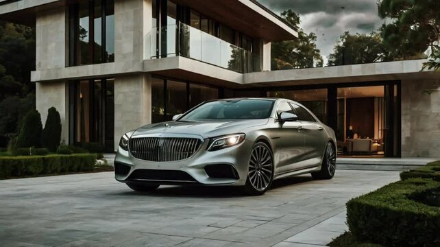 Nice car and house for residence with beautiful views, seamless looping 4k animation video background
