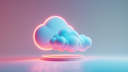 Futuristic neon cloud sculpture on pedestal, glowing in soft blue and pink hues, concept of technology and innovation in a minimalistic environment. 3D Illustration.